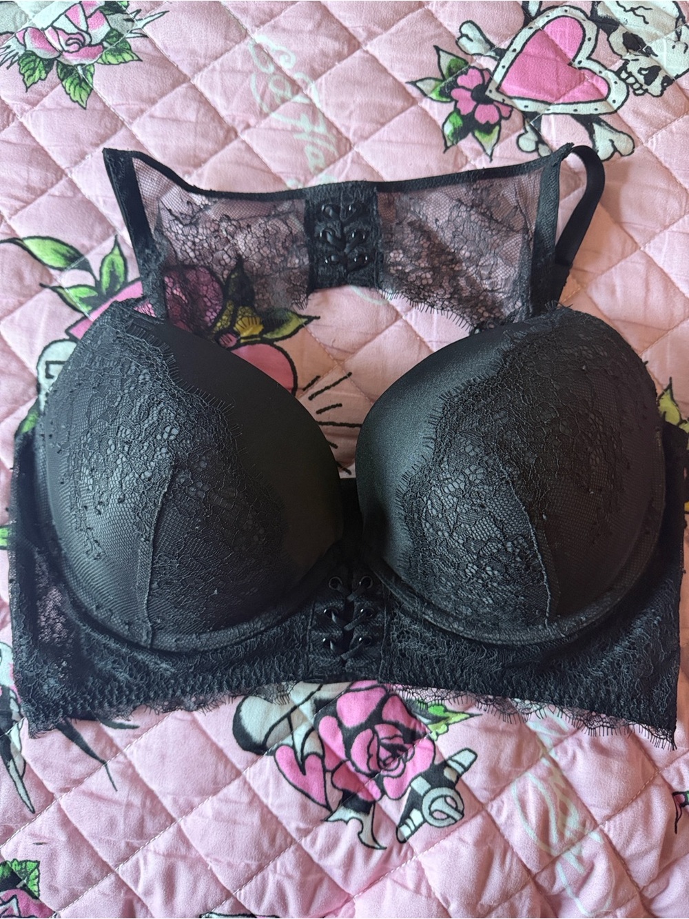 Victoria's Secret Black Lace Push-Up Bra with Sheer Back Panel